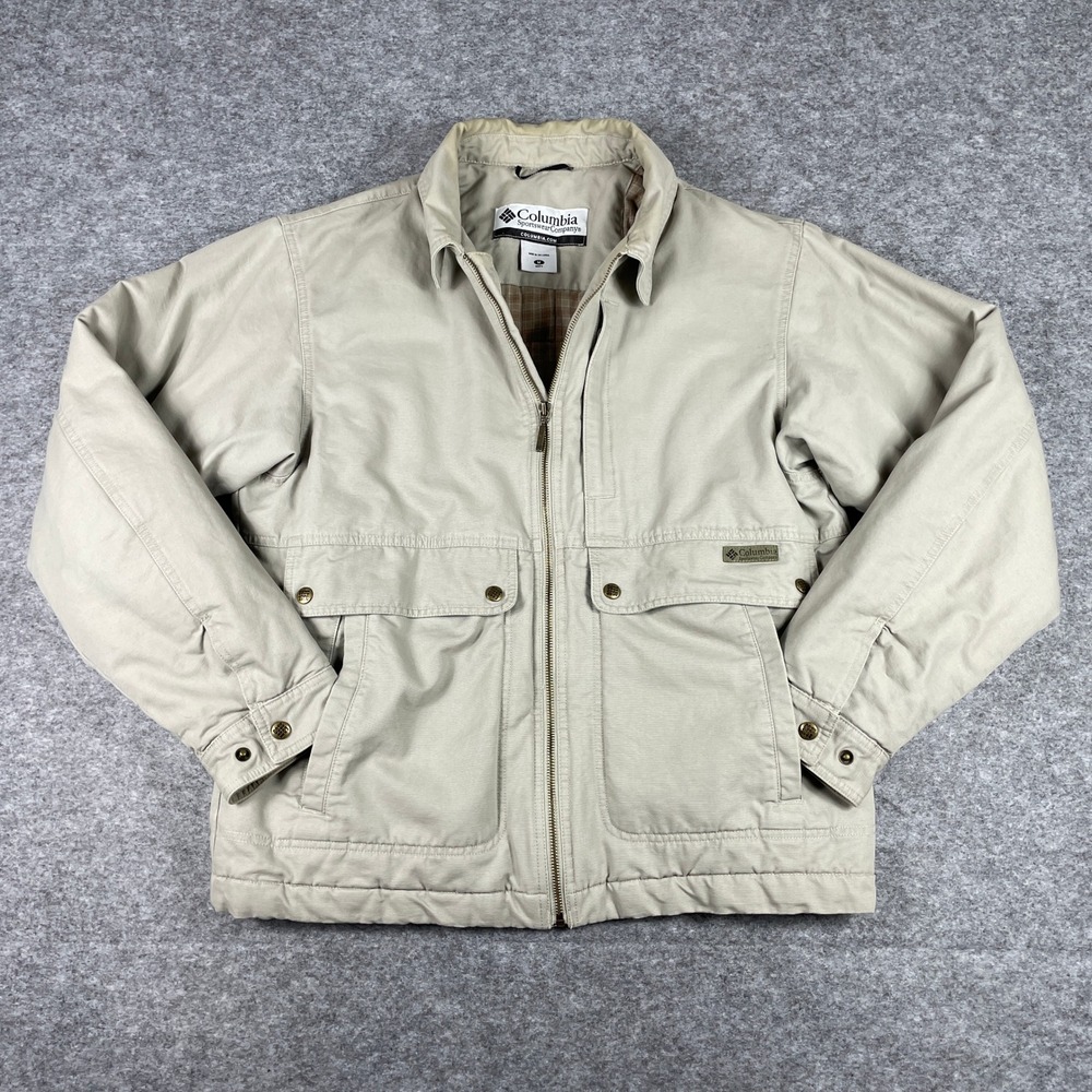 VTG Columbia Jacket Mens Medium Tan Canvas Plaid Lined Field Workwear Coat